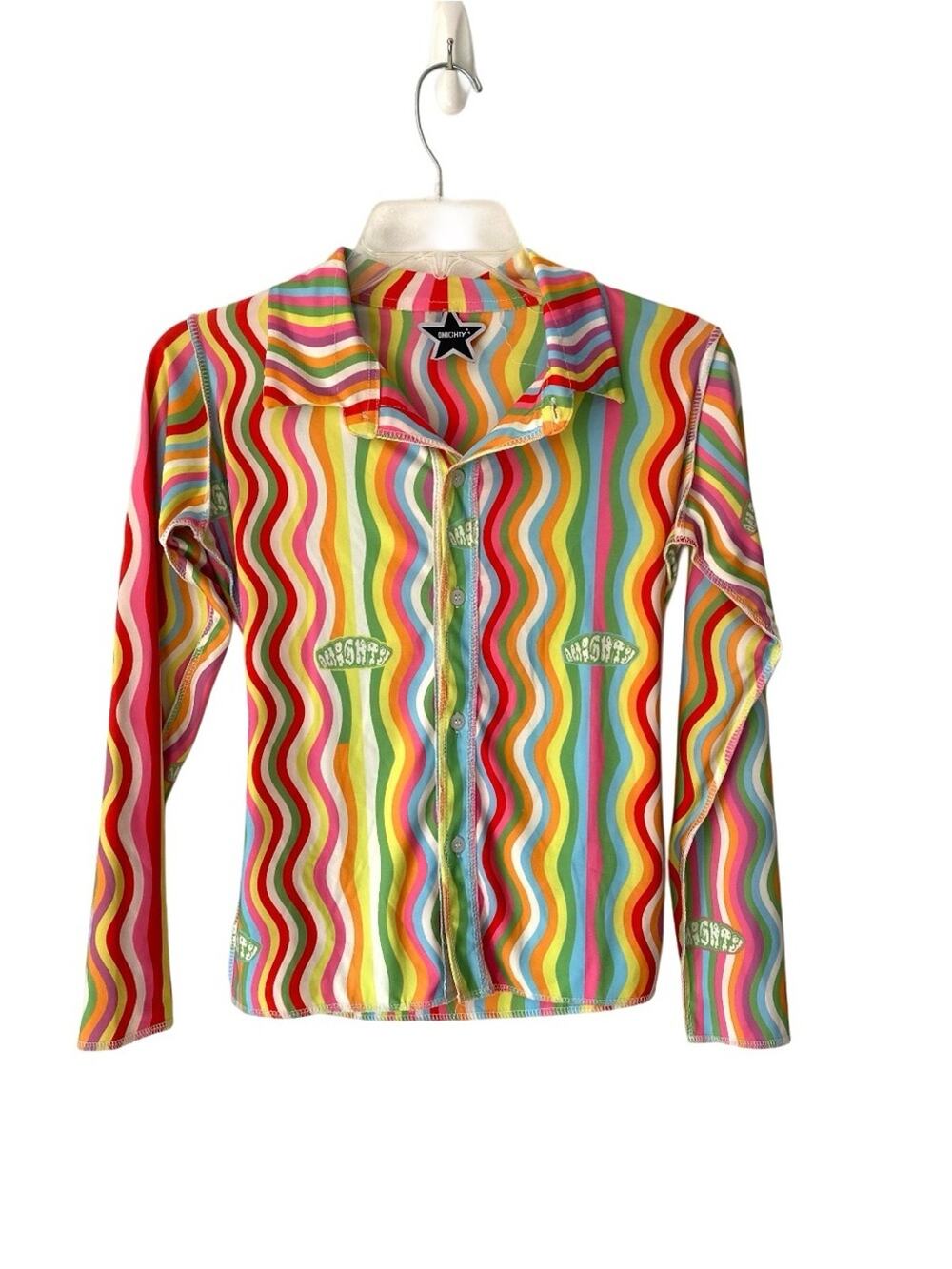 OMighty Squiggly Stripe Button Down Shirt size XS Retro Groovy Psychedelic
